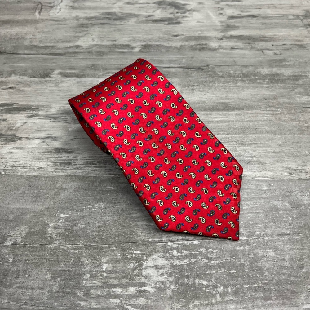 Harrods Red w/ Blue & Gold Paisley Check Silk Tie